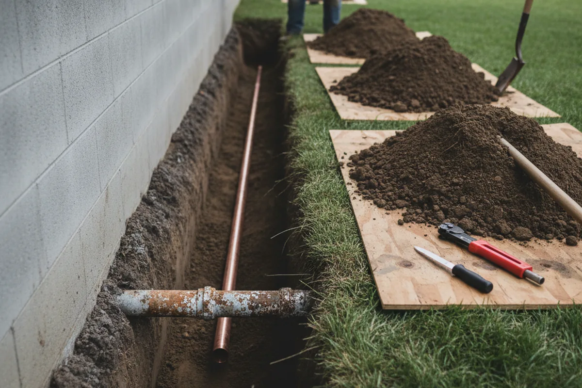 Excavated water line trench during Sewer Line Repair in Rumson